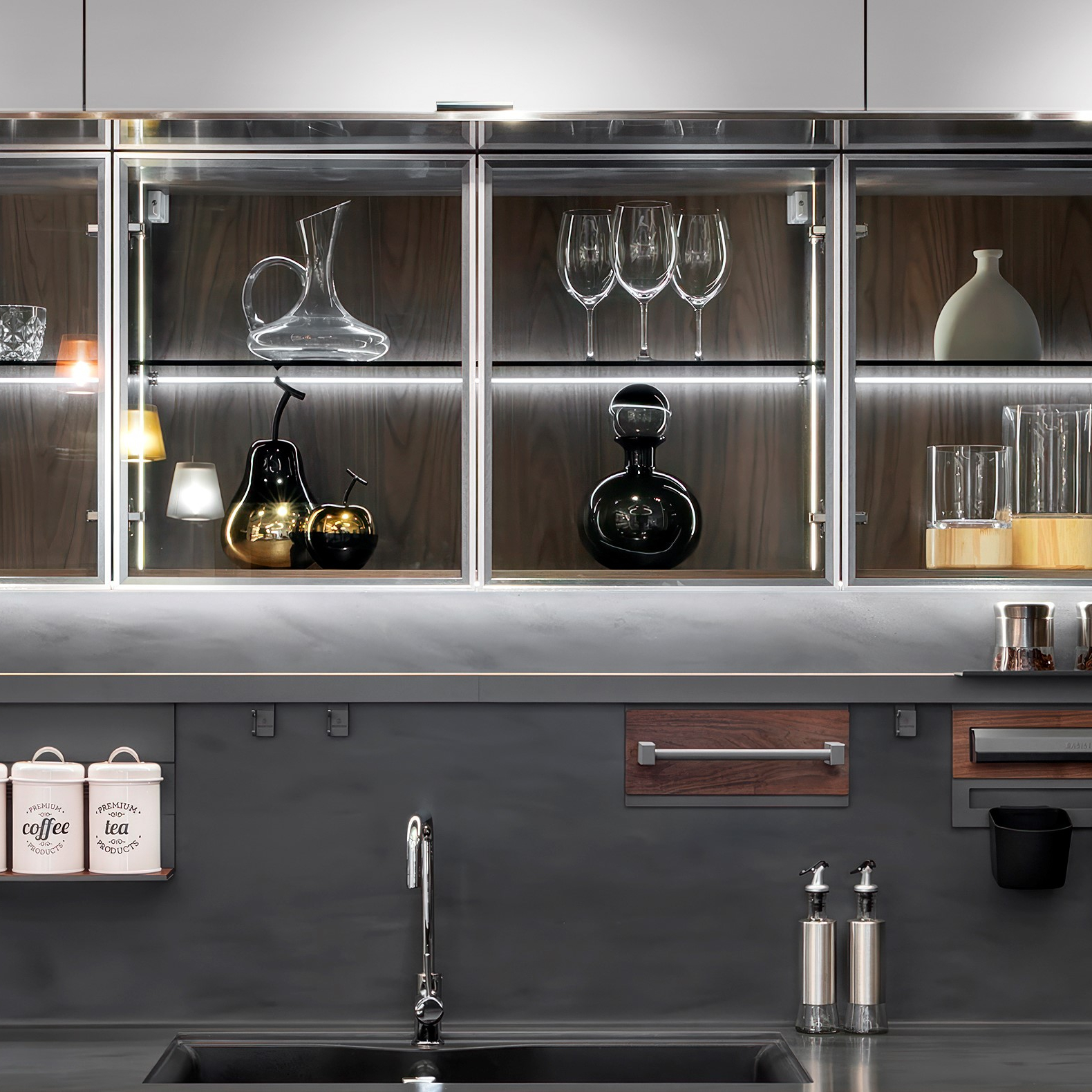 glass shelves, LED light, wall-mounted racks