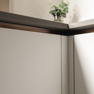 rose gold metal accent, worktop, cabinet 